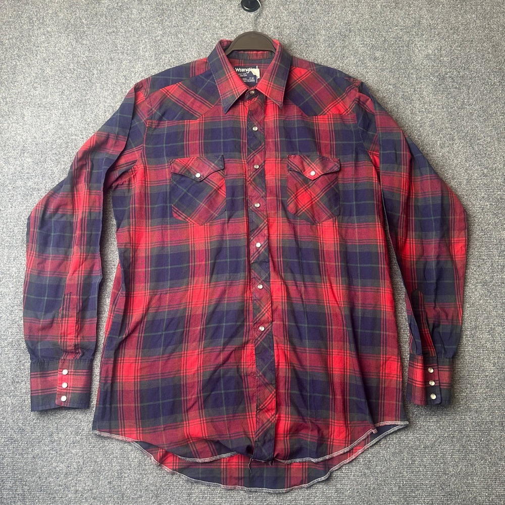 Vintage Wrangler Cowboy Cut Western Shirt Mens 17-37 Red Blue Plaid Pearl Snap